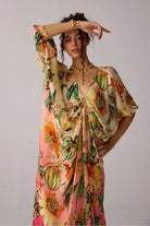 Amiya Kaftan Dress in pink ombre, with vibrant prints and silhouette made of bemberg satin perfect for vacations, resort wear, and relaxed elegance for woman.