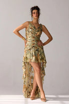 Anaisha Dress, a multiprinted dress in viscose lurex georgette, perfect for parties, occasions, and elevated styling for woman.