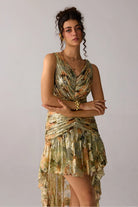 Anaisha Dress, a multiprinted dress in viscose lurex georgette, perfect for parties, occasions, and elevated styling for woman.