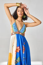 Closeup look of Ayla Dress Women's multicolor satin maxi dress with an engineered floral print, plunging neckline, embroidered beaded neckline and adjustable smocked back, styled for resort vacations, summer holidays and casual day wear.