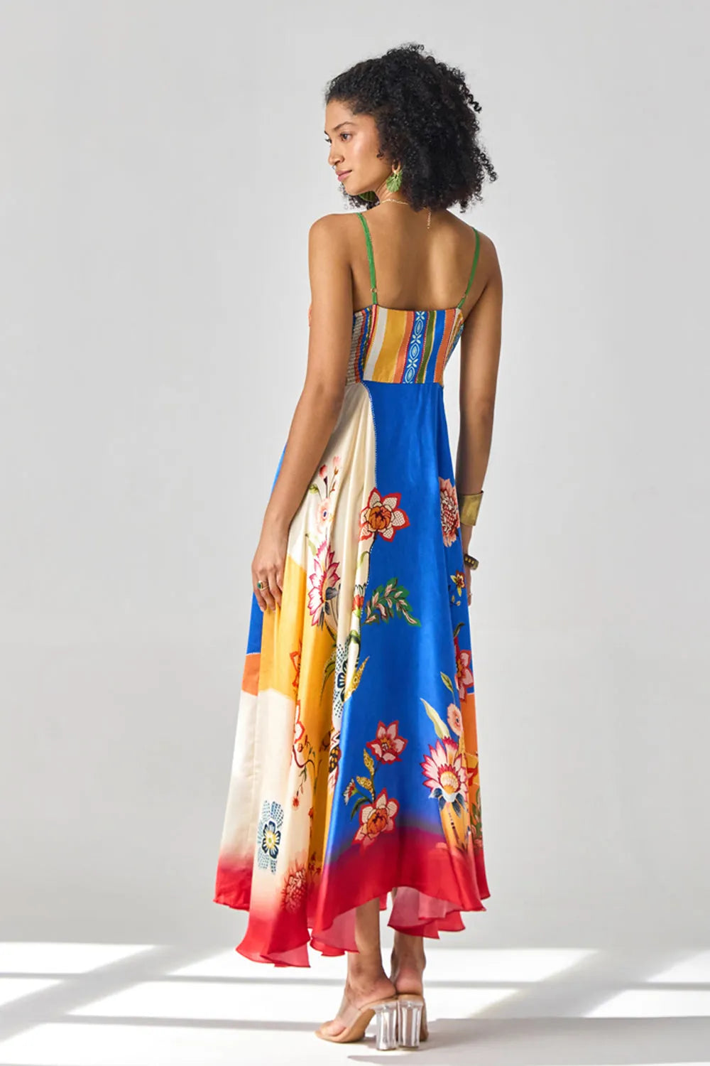 Back look of Ayla Dress Women's multicolor satin maxi dress with an engineered floral print, plunging neckline, embroidered beaded neckline and adjustable smocked back, styled for resort vacations, summer holidays and casual day wear.