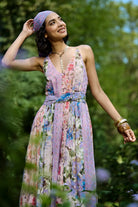 Carey Jumpsuit Women's multicolour Viscose Lurex Georgette jumpsuit featuring a romantic pink and mauve multi-printed jacquard design with a flattering flowing silhouette, styled for date nights, summer evenings, festive gatherings and day-to-night occasions.