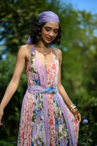 Closeup look of Carey Jumpsuit Women's multicolour Viscose Lurex Georgette jumpsuit featuring a romantic pink and mauve multi-printed jacquard design with a flattering flowing silhouette, styled for date nights, summer evenings, festive gatherings and day-to-night occasions.