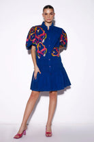 Carina Dress women's cobalt blue cotton mini dress with a graceful feminine silhouette, refined detailing and a polished contemporary finish, styled for summer brunches, festive daytime gatherings, casual celebrations and elevated occasions.