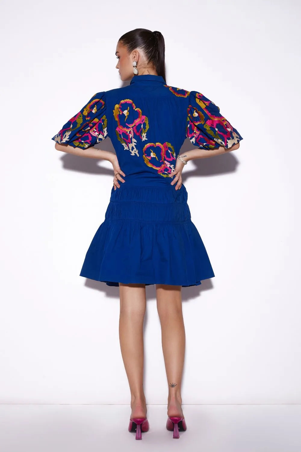 Carina Dress women's cobalt blue cotton mini dress with a graceful feminine silhouette, refined detailing and a polished contemporary finish, styled for summer brunches, festive daytime gatherings, casual celebrations and elevated occasions.