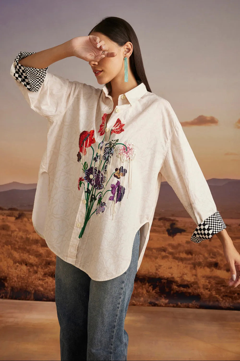 Chiara Shirt women's beige cotton poplin shirt with a relaxed free-size silhouette and intricate thread and bead detailing, styled for summer outings, brunches, festive daytime gatherings and elevated casual occasions.