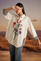 Chiara Shirt women's beige cotton poplin shirt with a relaxed free-size silhouette and intricate thread and bead detailing, styled for summer outings, brunches, festive daytime gatherings and elevated casual occasions.