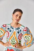 Closeup look of Claire Embroidered Dress women's ivory cotton poplin shift dress featuring intricate embroidery, a straight relaxed silhouette and a clean contemporary finish, styled for summer brunches, festive daytime gatherings, coastal holidays and evening occasions.