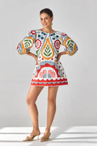Full view of Claire Embroidered Dress women's ivory cotton poplin shift dress featuring intricate embroidery, a straight relaxed silhouette and a clean contemporary finish, styled for summer brunches, festive daytime gatherings, coastal holidays and evening occasions.
