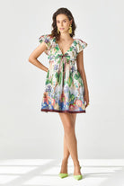 Cora Mini Dress women's ivory polyester mini dress featuring a chic printed design, cinched waist and flattering feminine silhouette, styled for summer brunches, vacation outings, daytime gatherings and casual celebrations.