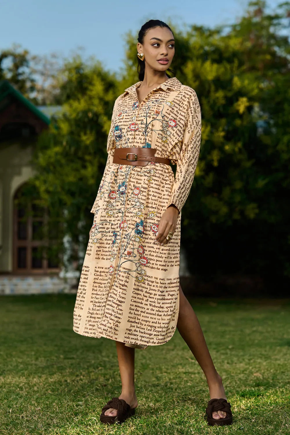 Dani Embroidered Shift Dress women's beige rayon midi dress featuring a vintage newspaper-inspired floral placement print, relaxed shift silhouette and timeless design, styled for summer brunches, vacation outings, creative daytime events and casual gatherings.