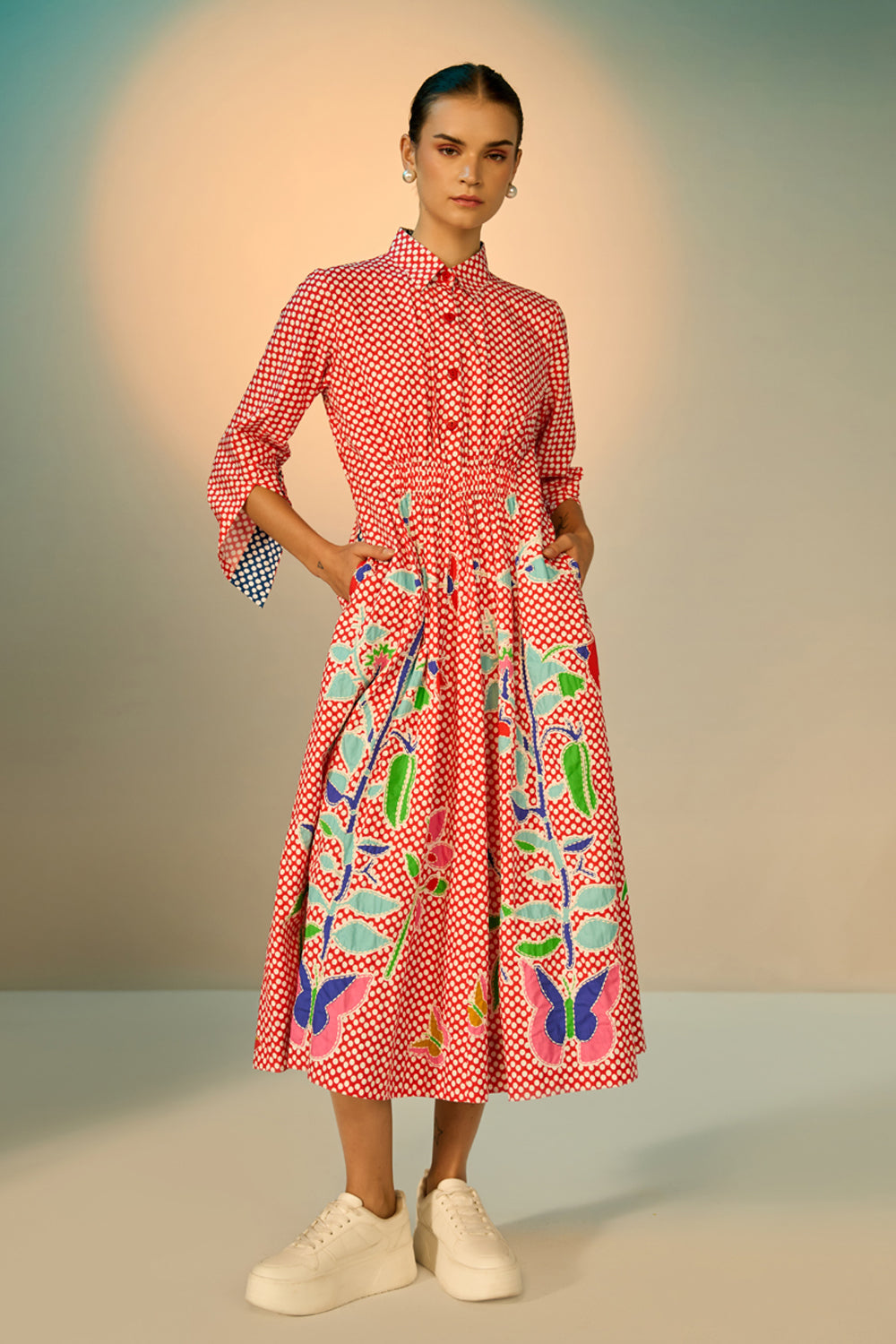 Daria Embroidered Maxi Dress women's maxi dress featuring classic polka dots, vibrant embroidered detailing and a structured shirt-style silhouette, styled for vacation brunches, creative daytime events, summer outings and statement everyday fashion.