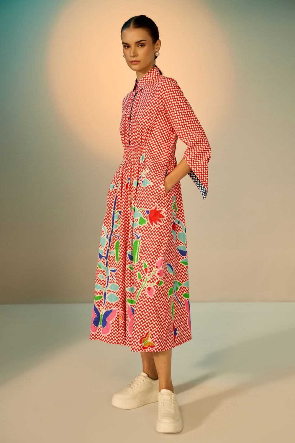 Daria Embroidered Maxi Dress women's maxi dress featuring classic polka dots, vibrant embroidered detailing and a structured shirt-style silhouette, styled for vacation brunches, creative daytime events, summer outings and statement everyday fashion.