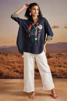 Elsie Shirt women's bluish-black cotton poplin shirt featuring a relaxed free-size silhouette, clean tailoring and a versatile contemporary design, styled for casual outings, smart-casual occasions, summer holidays and everyday wear.