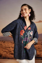Closeup look of Elsie Shirt women's bluish-black cotton poplin shirt featuring a relaxed free-size silhouette, clean tailoring and a versatile contemporary design, styled for casual outings, smart-casual occasions, summer holidays and everyday wear.