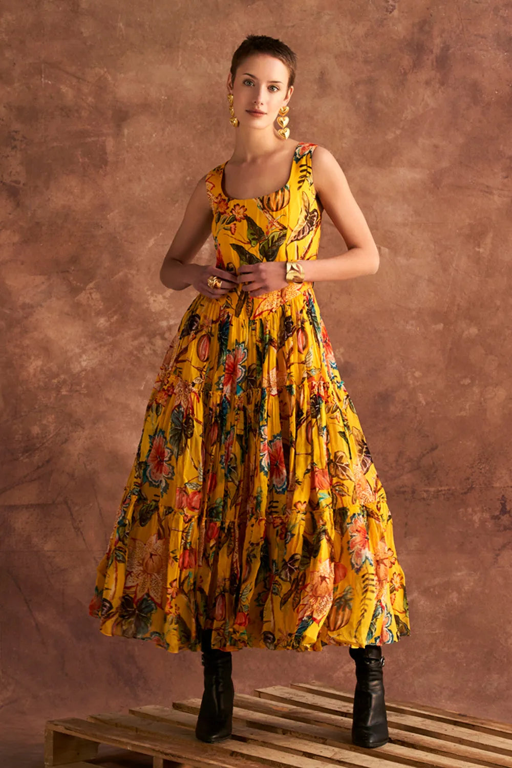 Eona Dress women's yellow organza midi dress featuring a vibrant multicolour print, romantic tiered skirt and airy flowing silhouette, styled for summer brunches, garden parties, resort holidays and festive daytime celebrations.