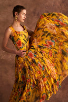 Eona Dress women's yellow organza midi dress featuring a vibrant multicolour print, romantic tiered skirt and airy flowing silhouette, styled for summer brunches, garden parties, resort holidays and festive daytime celebrations.