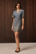 A woman models a short-sleeved blue-gray dress with gold floral embroidery, standing against a dark wood-paneled background.