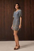 A woman models a short-sleeved blue lace dress with gold floral embroidery, standing against a dark wood-paneled background.