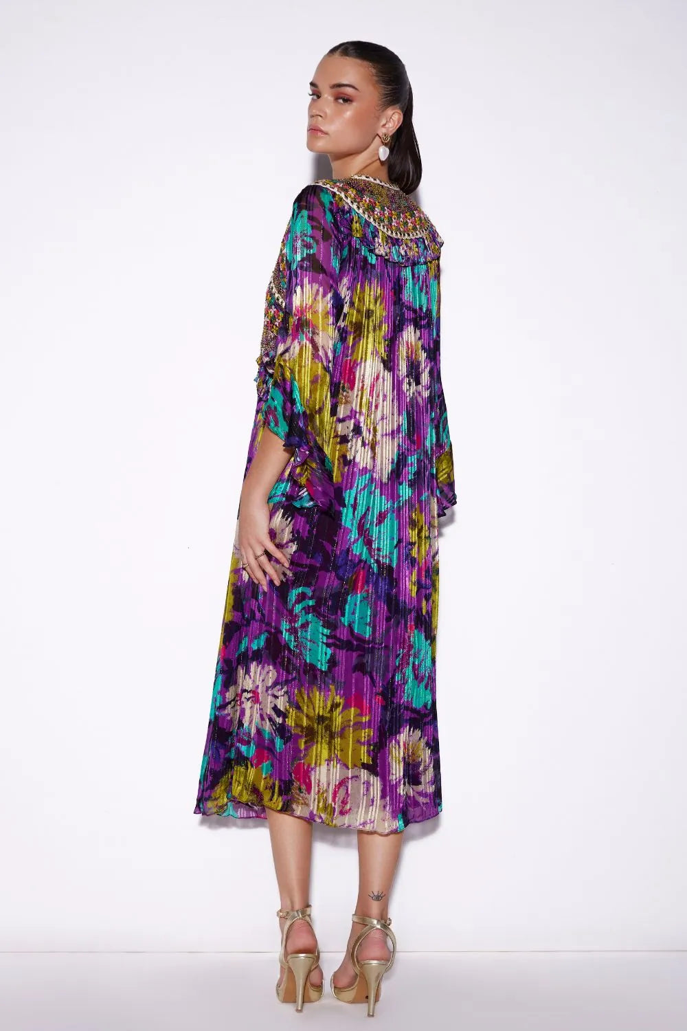 Back view of Flavia Kaftan women's kaftan featuring a relaxed, flowing silhouette and statement resortwear design, styled for beach holidays, tropical getaways, poolside lounging and elegant summer occasions.