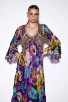 Closeup look of Flavia Kaftan women's kaftan featuring a relaxed, flowing silhouette and statement resortwear design, styled for beach holidays, tropical getaways, poolside lounging and elegant summer occasions.