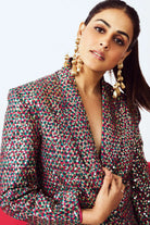 Genelia Deshmukh wearing the Nancy Jacket and Pants Set, a women's pink cotton poplin co-ord featuring a structured long jacket embellished with sparkling sequins and matching tailored pants, styled for cocktail parties, festive celebrations, evening events and glamorous special occasions.