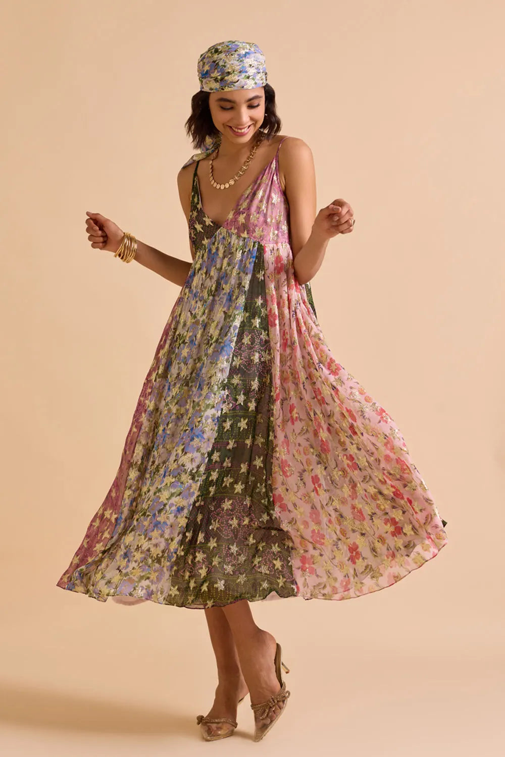Irida Spaghetti Dress women's multicolour Viscose Lurex Georgette maxi dress featuring a jacquard printed colour-blocked design, delicate spaghetti straps and shimmering fabric with a flowing silhouette, styled for resort vacations, festive evenings, holiday getaways and special occasions.