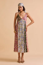 Full view of Irida Spaghetti Dress women's multicolour Viscose Lurex Georgette maxi dress featuring a jacquard printed colour-blocked design, delicate spaghetti straps and shimmering fabric with a flowing silhouette, styled for resort vacations, festive evenings, holiday getaways and special occasions.