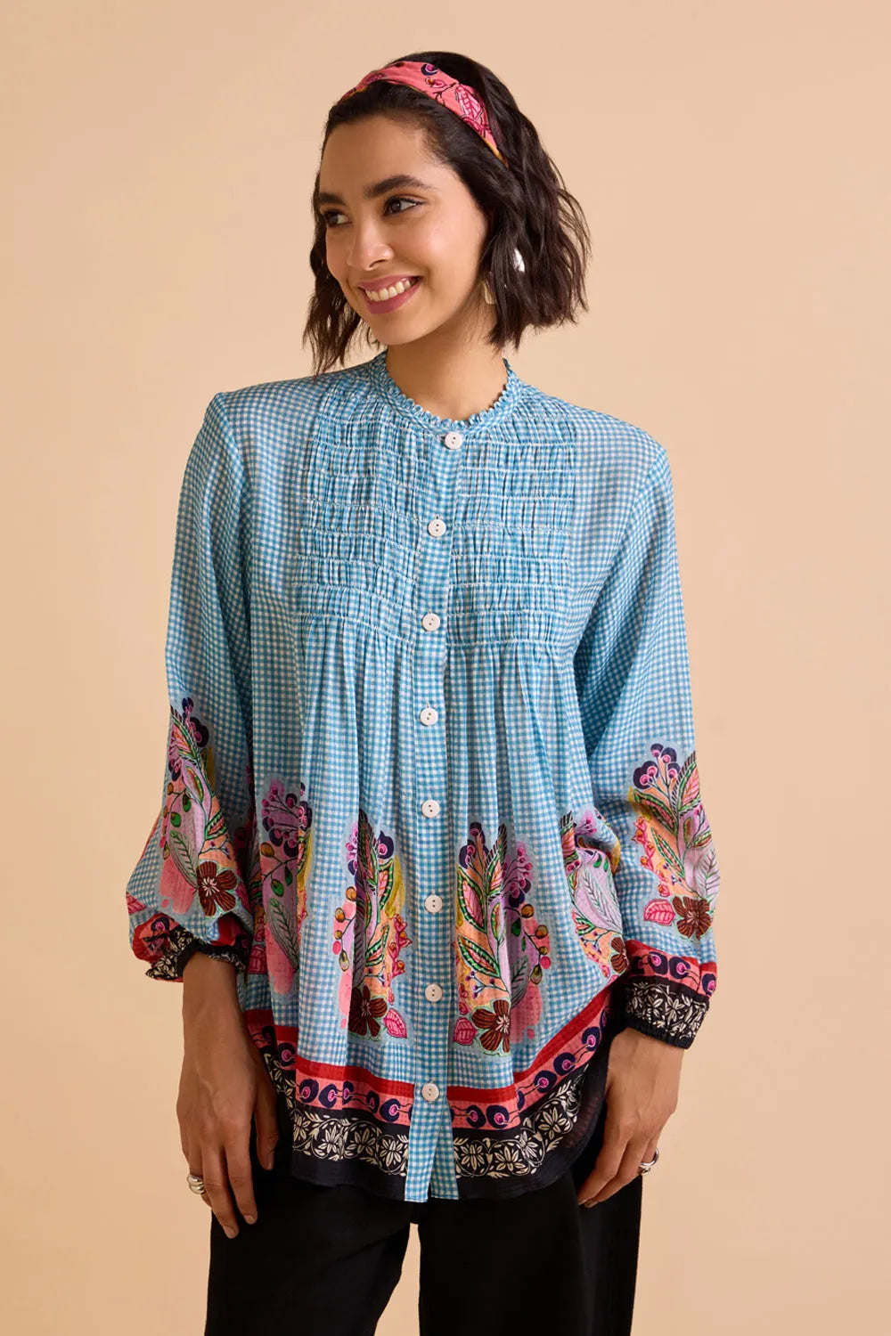 Isac Blouse women's blue checkish voile blouse featuring a front-open design, colour-blocked check pattern and relaxed silhouette, styled for summer outings, resort holidays, casual brunches and contemporary everyday wear.