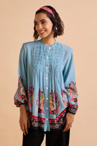 Isac Blouse women's blue checkish voile blouse featuring a front-open design, colour-blocked check pattern and relaxed silhouette, styled for summer outings, resort holidays, casual brunches and contemporary everyday wear.