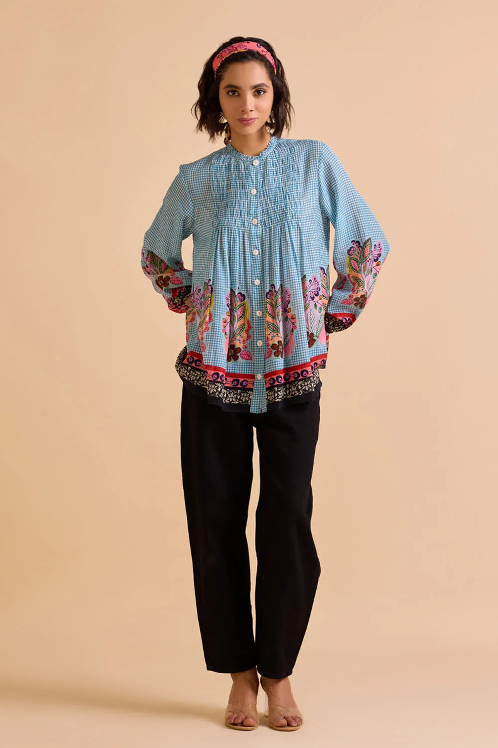 Isac Blouse women's blue checkish voile blouse featuring a front-open design, colour-blocked check pattern and relaxed silhouette, styled for summer outings, resort holidays, casual brunches and contemporary everyday wear.