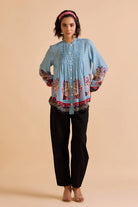 Isac Blouse women's blue checkish voile blouse featuring a front-open design, colour-blocked check pattern and relaxed silhouette, styled for summer outings, resort holidays, casual brunches and contemporary everyday wear.