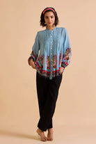 Isac Blouse women's blue checkish voile blouse featuring a front-open design, colour-blocked check pattern and relaxed silhouette, styled for summer outings, resort holidays, casual brunches and contemporary everyday wear.