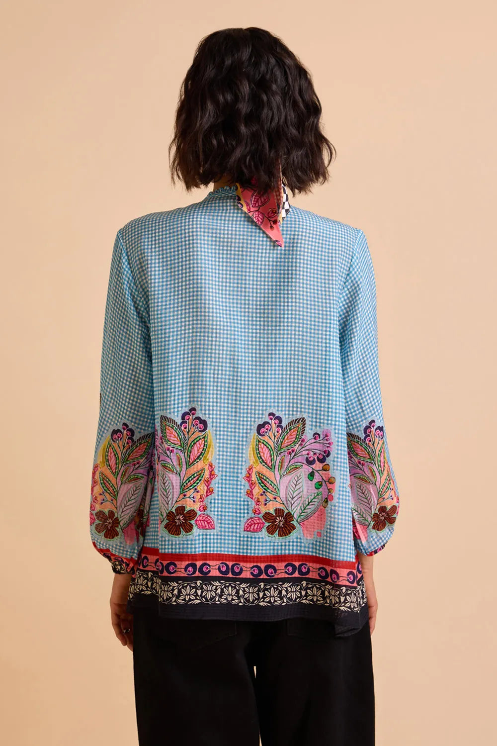 Back view of Isac Blouse women's blue checkish voile blouse featuring a front-open design, colour-blocked check pattern and relaxed silhouette, styled for summer outings, resort holidays, casual brunches and contemporary everyday wear.