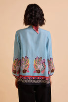 Back view of Isac Blouse women's blue checkish voile blouse featuring a front-open design, colour-blocked check pattern and relaxed silhouette, styled for summer outings, resort holidays, casual brunches and contemporary everyday wear.