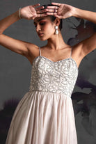 Cloesup look of Ivina Corset Dress women's ivory organza maxi dress featuring a structured corset bodice, delicate sequin embellishments over a floral print and a flowing floor-length silhouette, styled for resort celebrations, summer weddings, formal gatherings and special occasions.