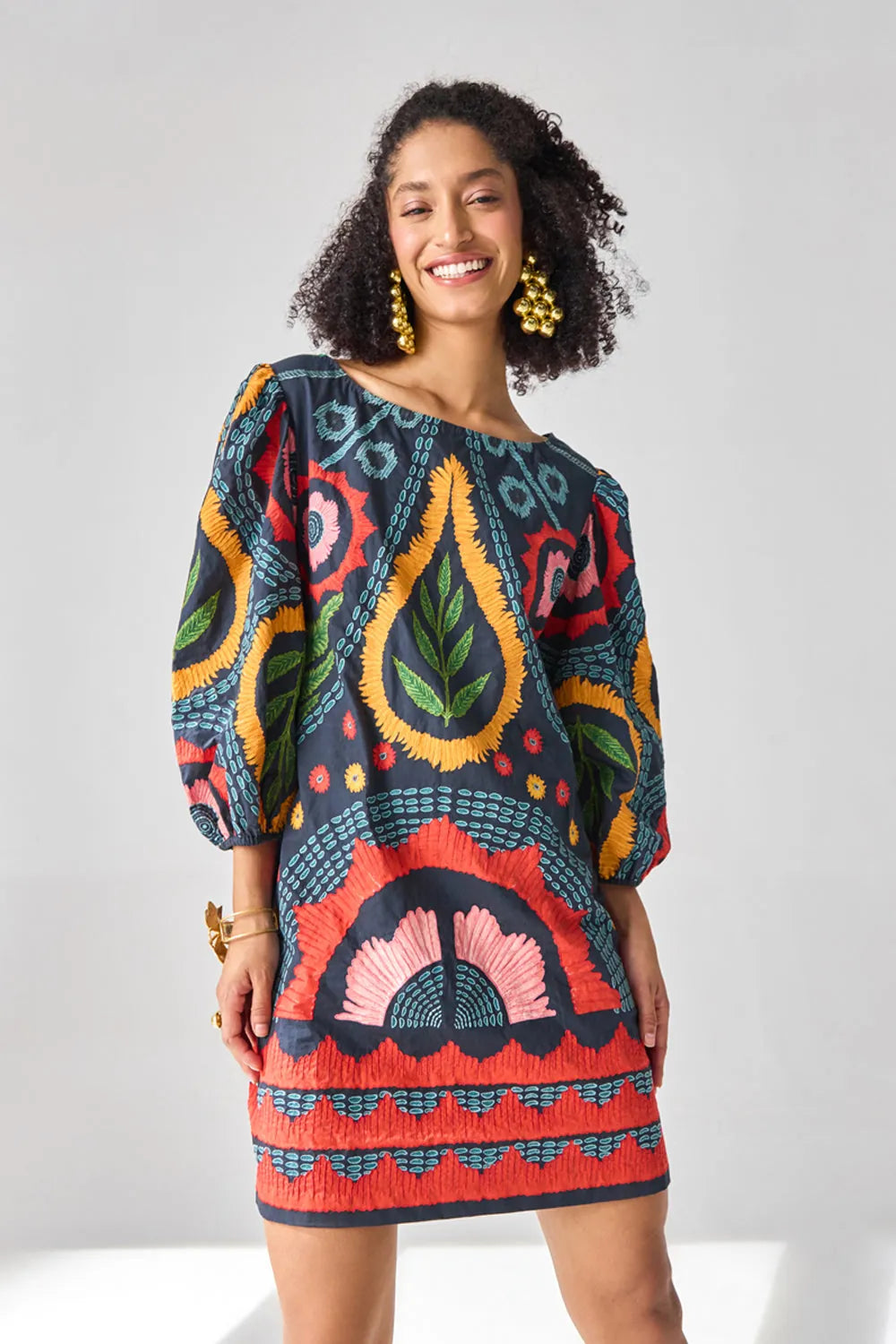 Jane Embroidered Dress women's navy cotton poplin shift dress featuring intricate embroidery, a relaxed straight silhouette and a versatile mini-length design, styled for summer brunches, daytime celebrations, resort outings and elegant day-to-evening occasions.