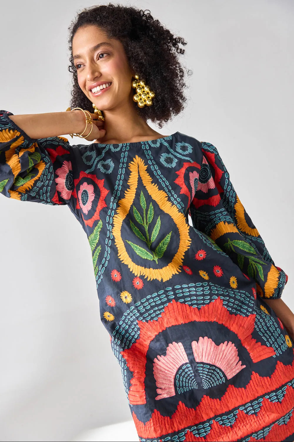 Jane Embroidered Dress women's navy cotton poplin shift dress featuring intricate embroidery, a relaxed straight silhouette and a versatile mini-length design, styled for summer brunches, daytime celebrations, resort outings and elegant day-to-evening occasions.