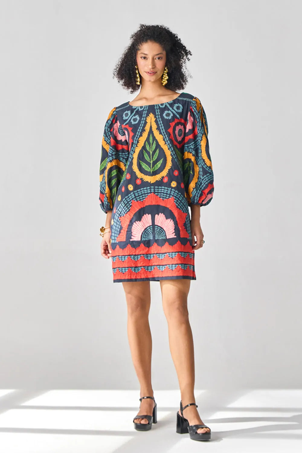 Full view of Jane Embroidered Dress women's navy cotton poplin shift dress featuring intricate embroidery, a relaxed straight silhouette and a versatile mini-length design, styled for summer brunches, daytime celebrations, resort outings and elegant day-to-evening occasions.