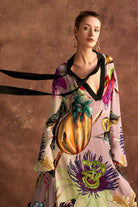 Jianna Dress women's multicolour double georgette maxi dress featuring a vibrant mixed print, dramatic flared sleeves and a flowing floor-length silhouette, styled for resort vacations, summer celebrations, destination dinners and elegant daytime occasions.