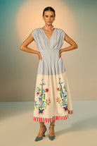 Joni Waisted Embroidered Midi Dress women's midi dress featuring a defined waist, flowing skirt and delicate floral embroidery, combining structured tailoring with an elegant feminine silhouette, styled for summer brunches, garden parties, resort evenings and elevated vacation wear.