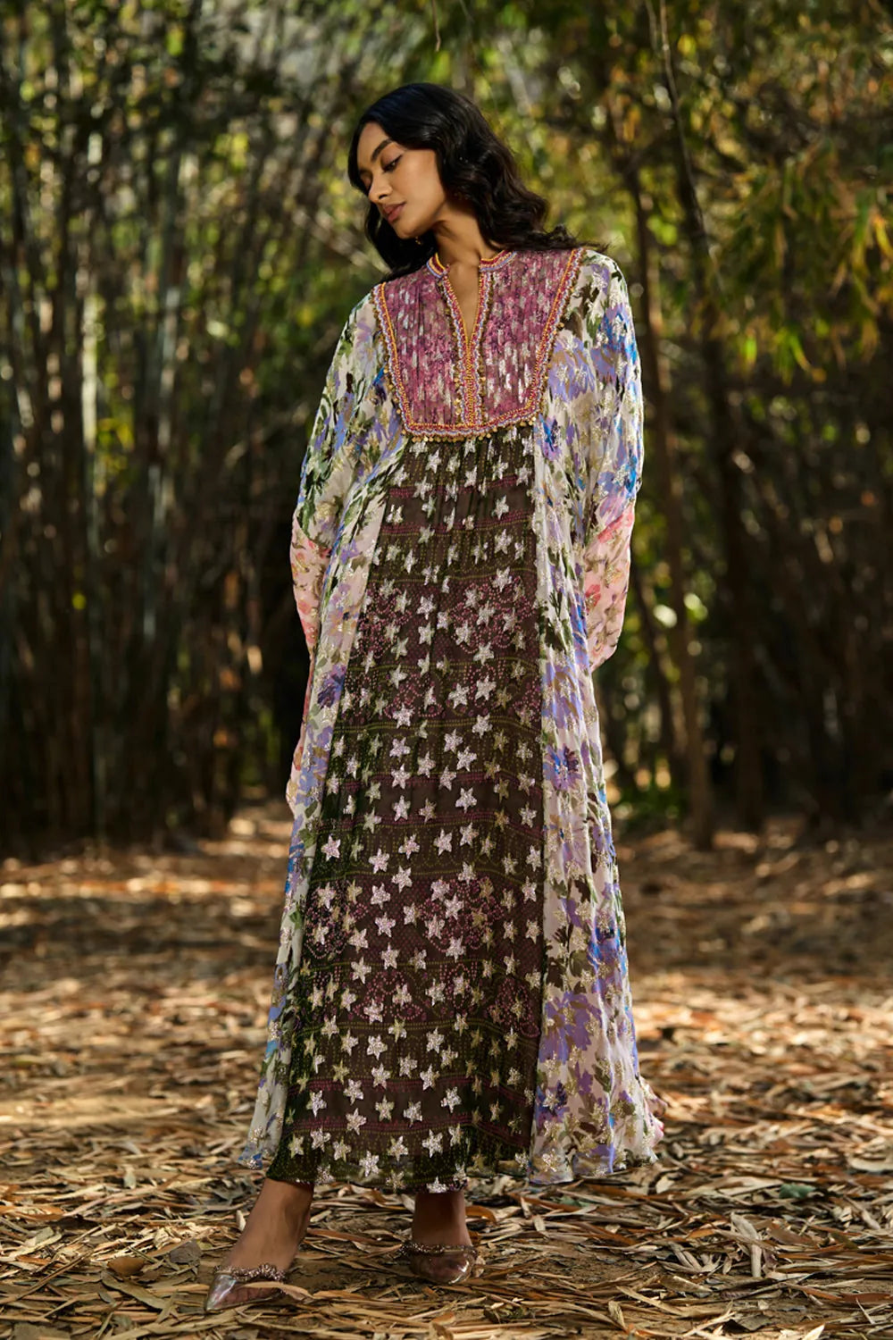 Full view of Karissa Kaftan women's embroidered kaftan featuring a flowing relaxed silhouette, intricate decorative embroidery and statement detailing, styled for beach holidays, resort vacations, poolside lounging and elegant summer getaways.