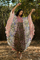 Detailed full view of Karissa Kaftan women's embroidered kaftan featuring a flowing relaxed silhouette, intricate decorative embroidery and statement detailing, styled for beach holidays, resort vacations, poolside lounging and elegant summer getaways.