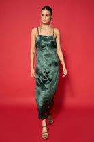 Kelly Embroidered Dress women's emerald green Lido satin dress featuring intricate embroidery, a graceful floor-length silhouette and elegant handcrafted detailing, styled for festive celebrations, resort evenings, formal gatherings and special occasions.