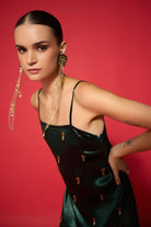 Kelly Embroidered Dress women's emerald green Lido satin dress featuring intricate embroidery, a graceful floor-length silhouette and elegant handcrafted detailing, styled for festive celebrations, resort evenings, formal gatherings and special occasions.