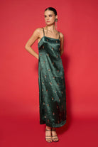 Kelly Embroidered Dress women's emerald green Lido satin dress featuring intricate embroidery, a graceful floor-length silhouette and elegant handcrafted detailing, styled for festive celebrations, resort evenings, formal gatherings and special occasions.