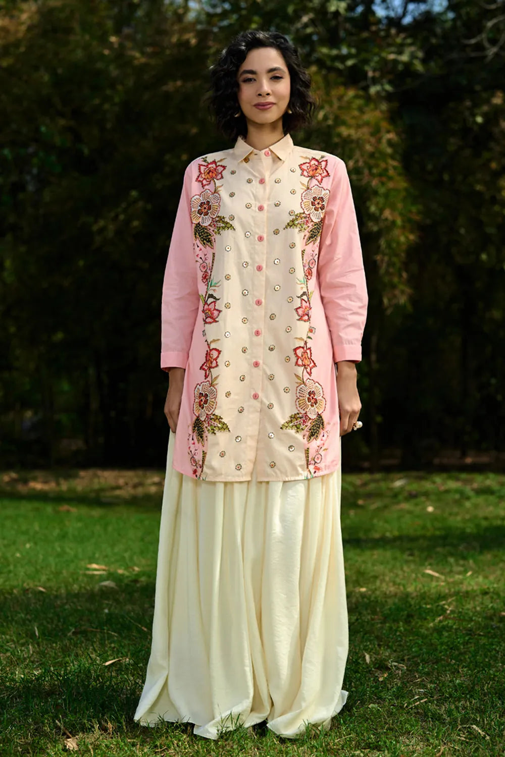 Keyla Shirt women's pink and cream cotton shirt featuring a bold colour-blocked floral print, vibrant contrasting hues and a relaxed longline silhouette, styled for summer holidays, resort outings, casual brunches and statement everyday dressing.