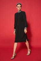 Levy Embroidered Dress women's black embroidered dress featuring intricate decorative detailing and an elegant contemporary silhouette, styled for evening celebrations, resort dinners, festive gatherings and special occasions.