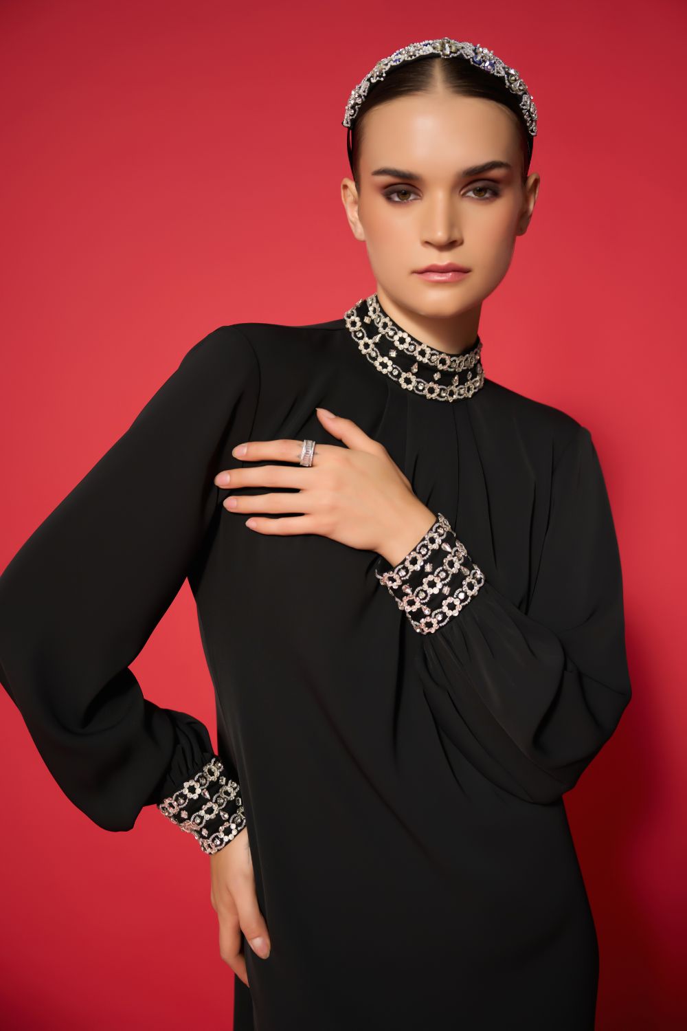 Levy Embroidered Dress women's black embroidered dress featuring intricate decorative detailing and an elegant contemporary silhouette, styled for evening celebrations, resort dinners, festive gatherings and special occasions.
