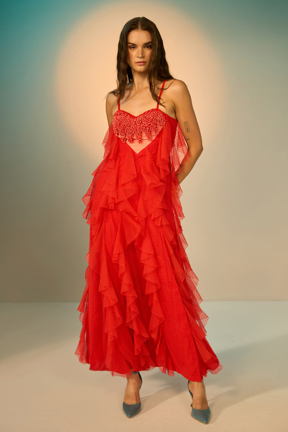 Lexa Embroidered Dress women's red tulle maxi dress featuring dramatic cascading ruffles, delicate spaghetti straps and a statement beaded heart embellishment on the bodice, creating a glamorous flowing silhouette for cocktail parties, evening celebrations, special events and statement occasions.